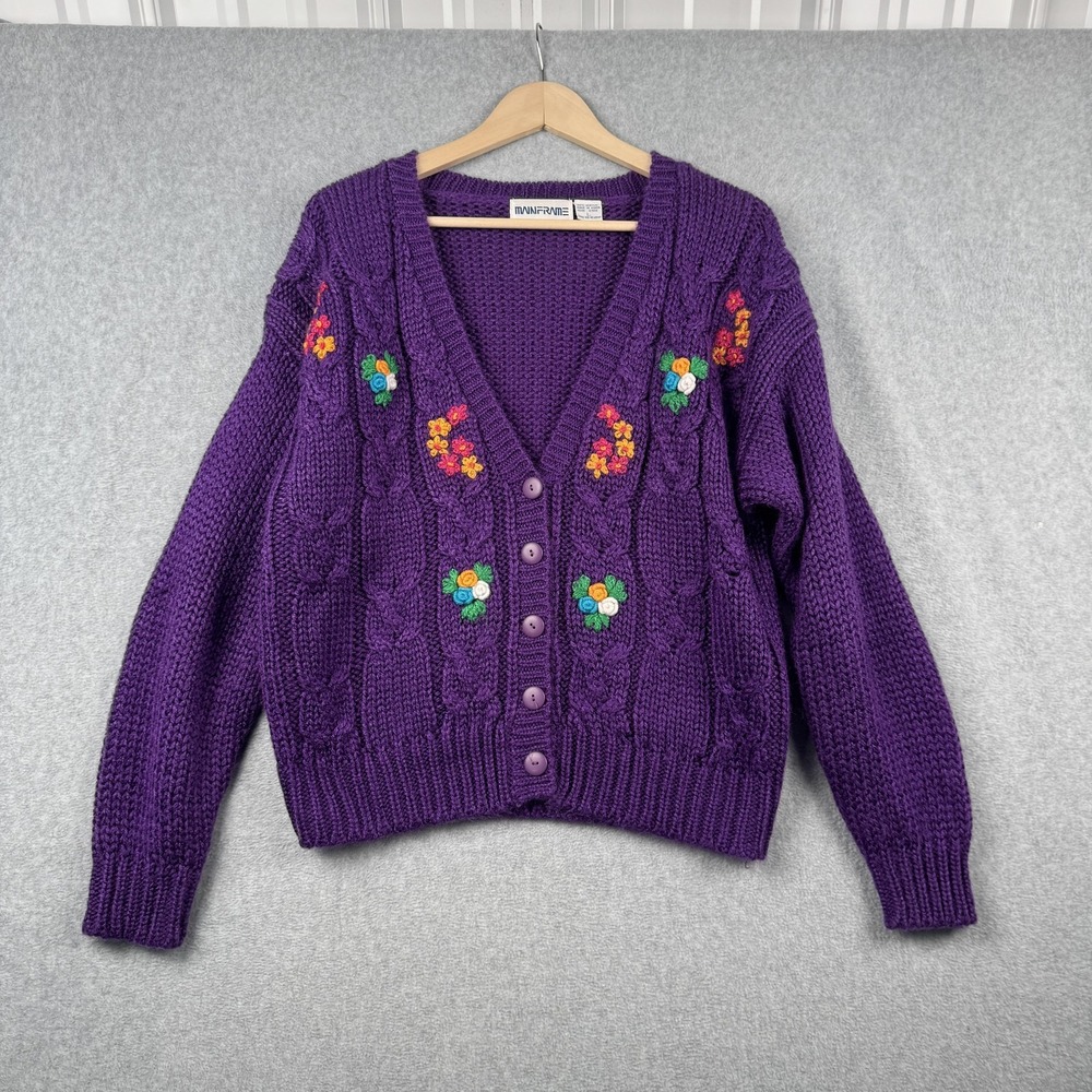 Mainframe Sweater Womens Large‎ Purple Floral Embroidered Cable Knit Grannycore